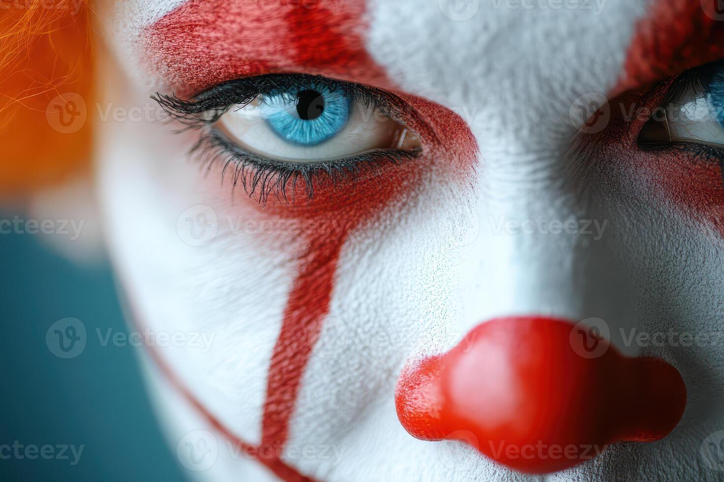 Clown with vivid makeup in close up display photo