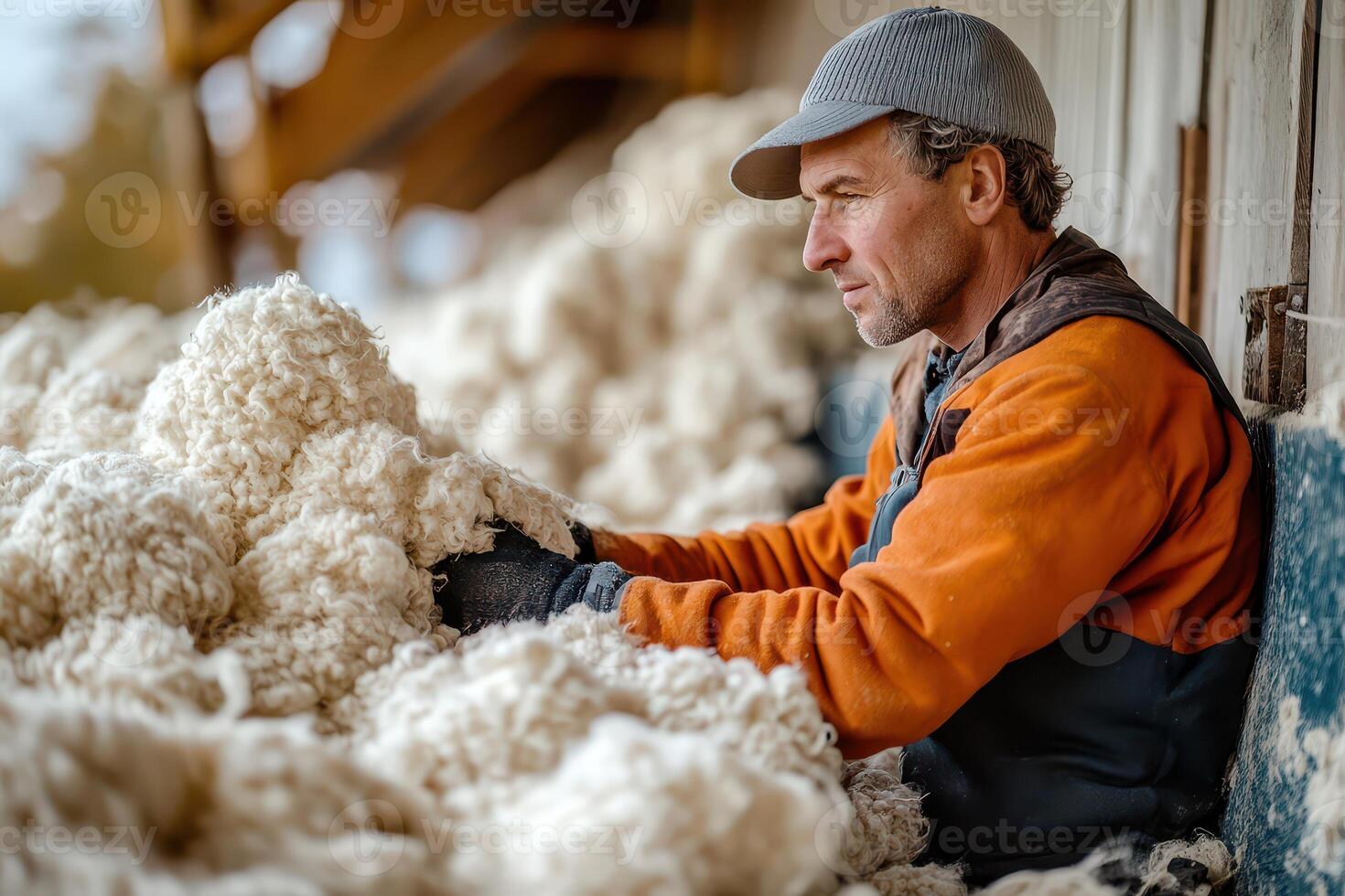 Man sorting wool at a farm in autumn morning light photo