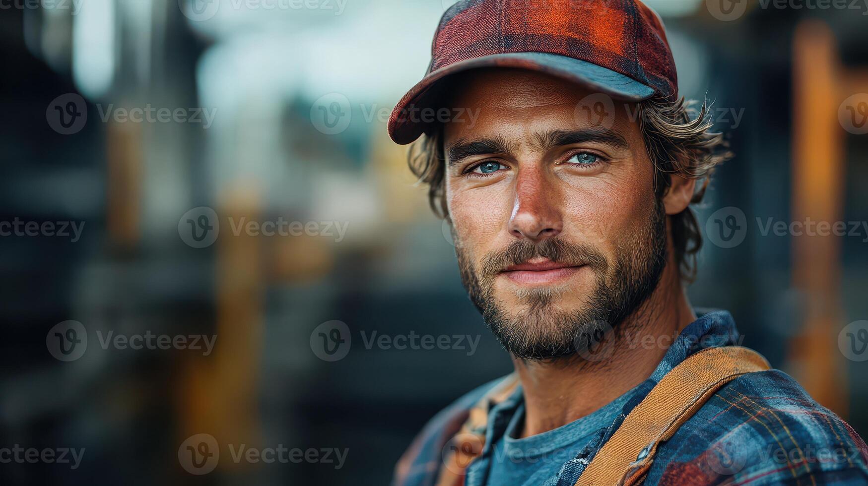 Young man working at a lumberyard wearing a cap photo