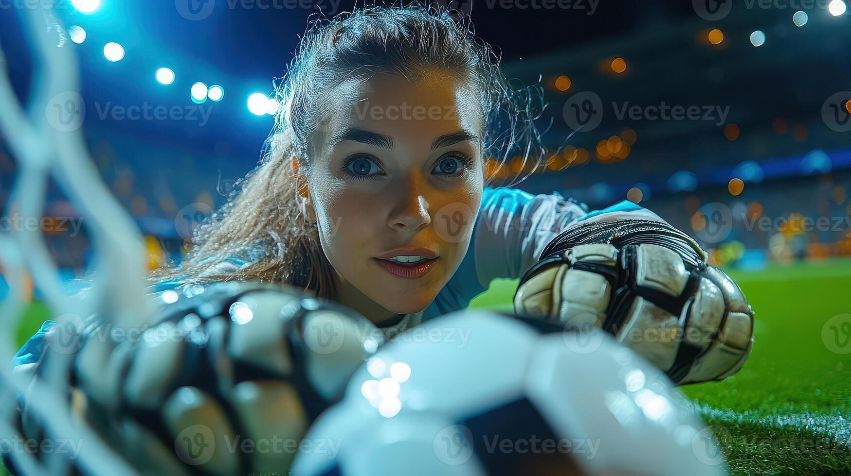 Keeper saves ball in night match photo