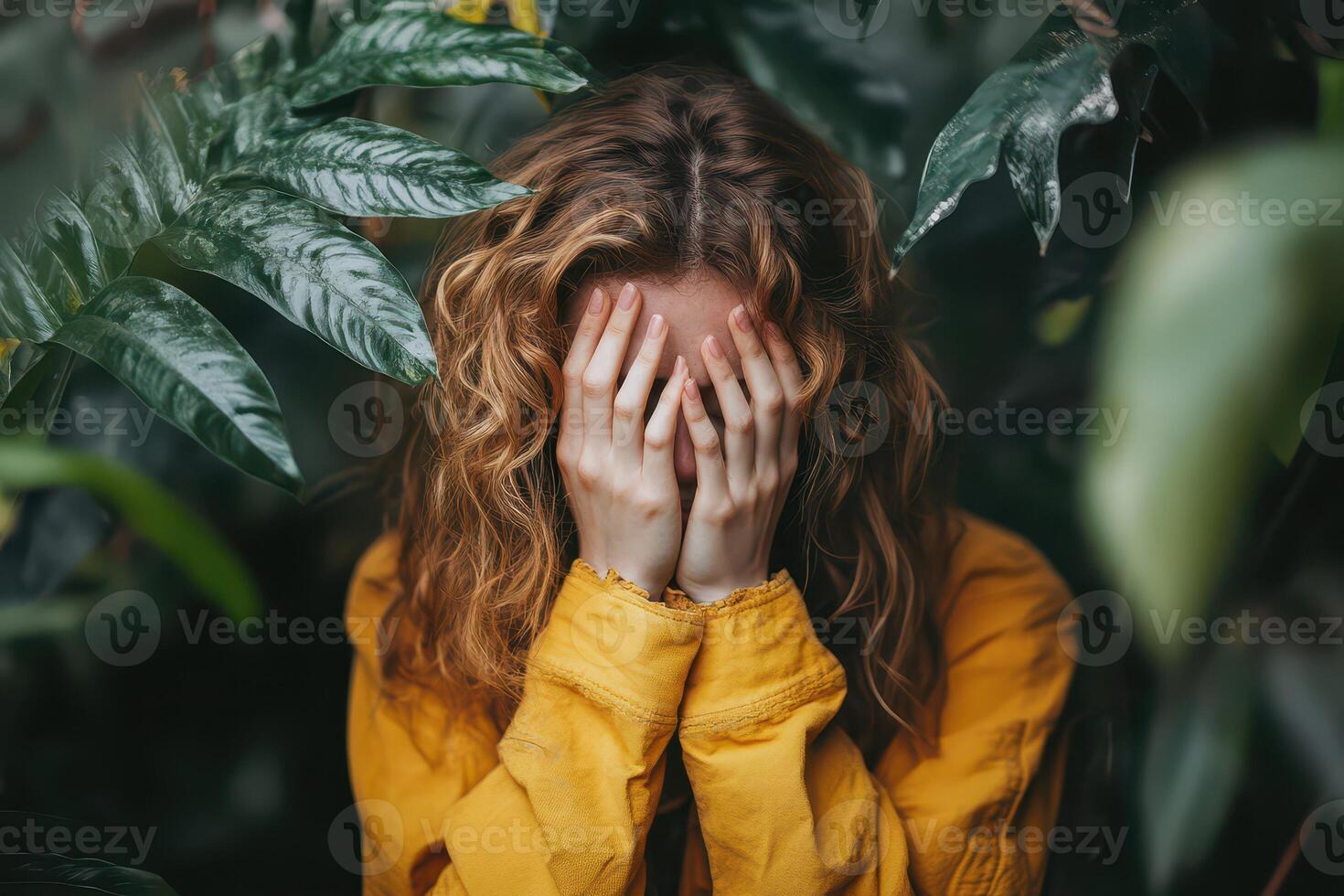 Person hides face among lush green plants photo