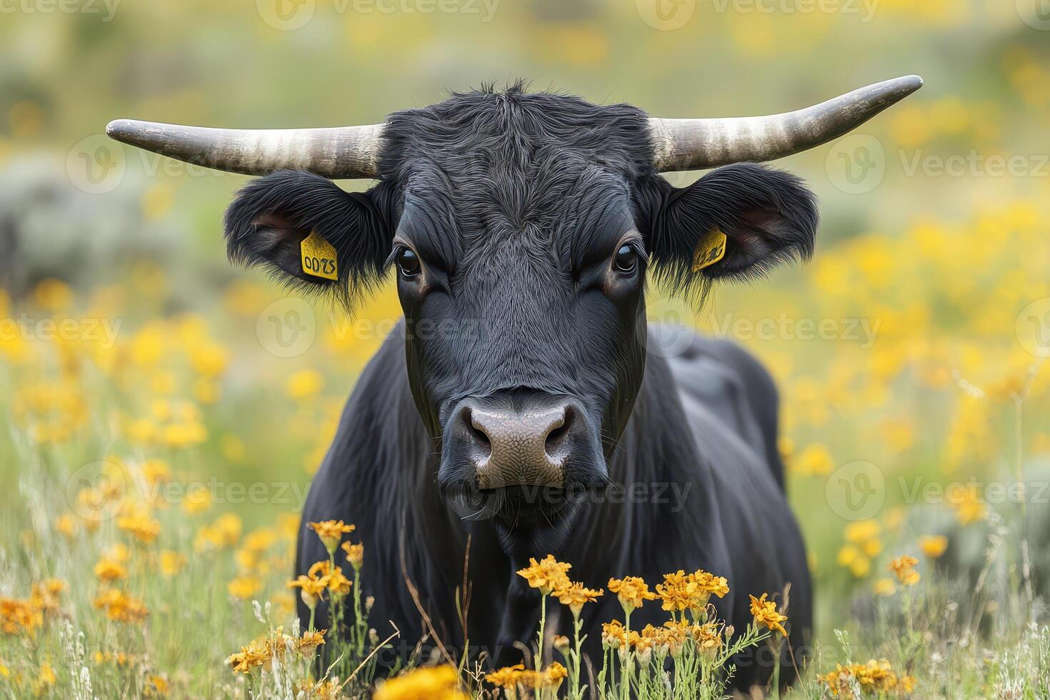 Cow grazing among vibrant wildflowers in a meadow photo