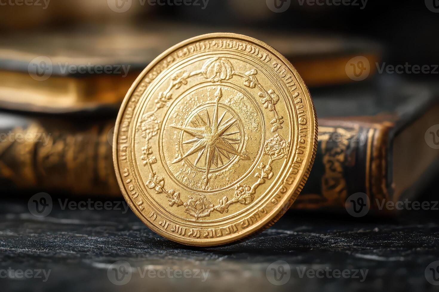 Old compass coin on books in dim light photo