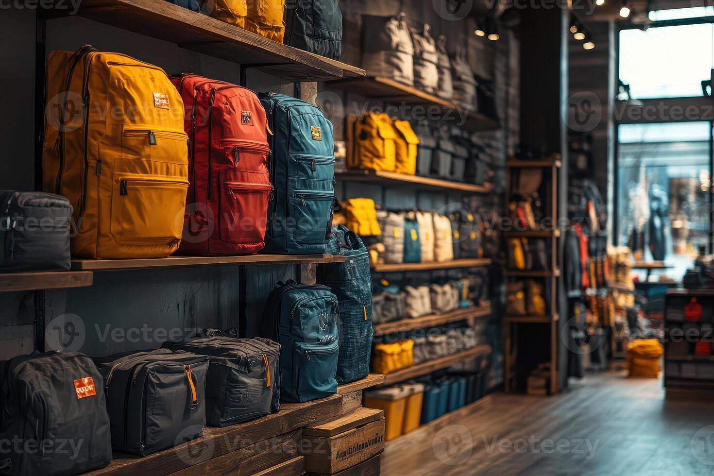 Colorful backpacks in urban store display photo