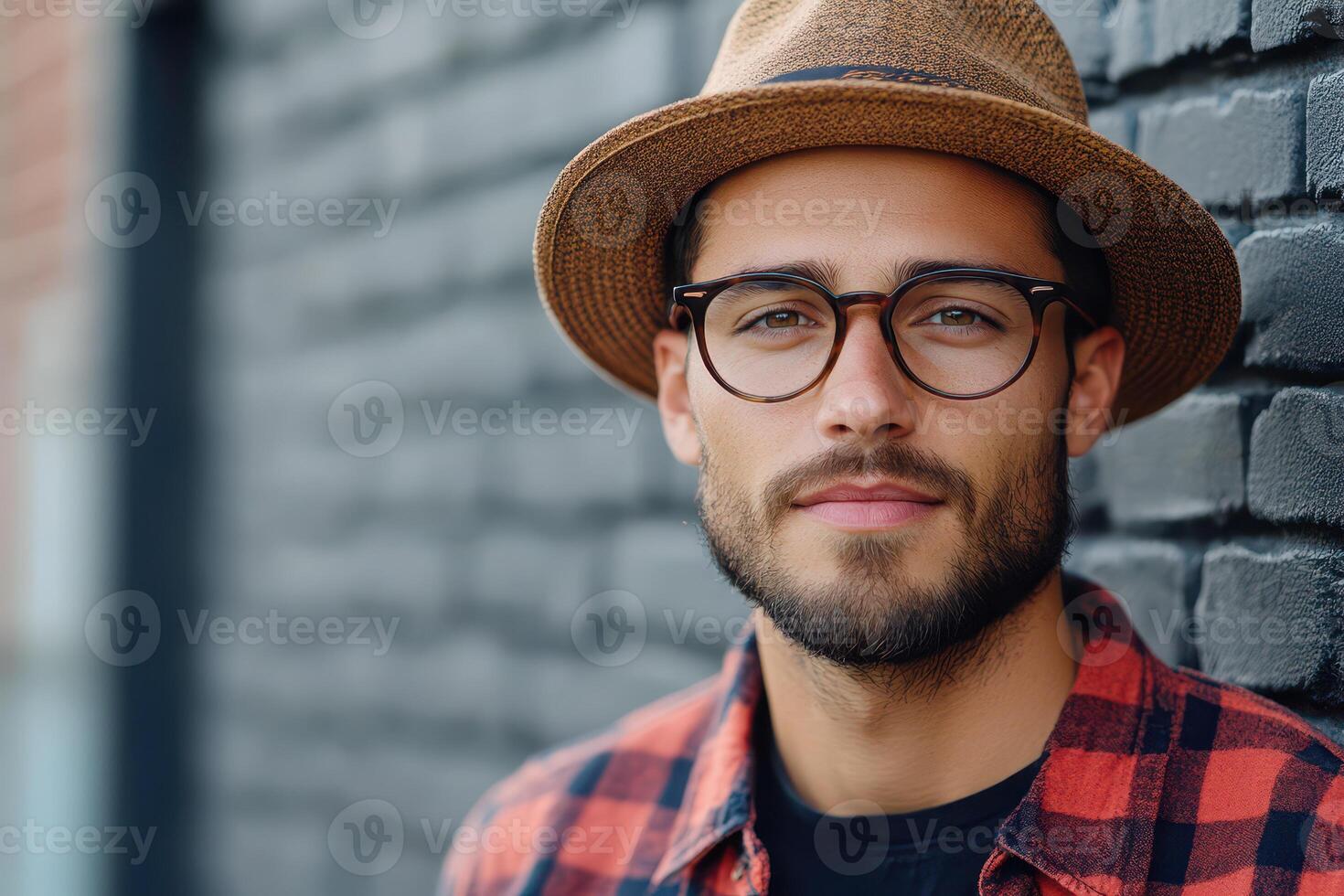 Casual man wearing glasses and hat by brick wall photo