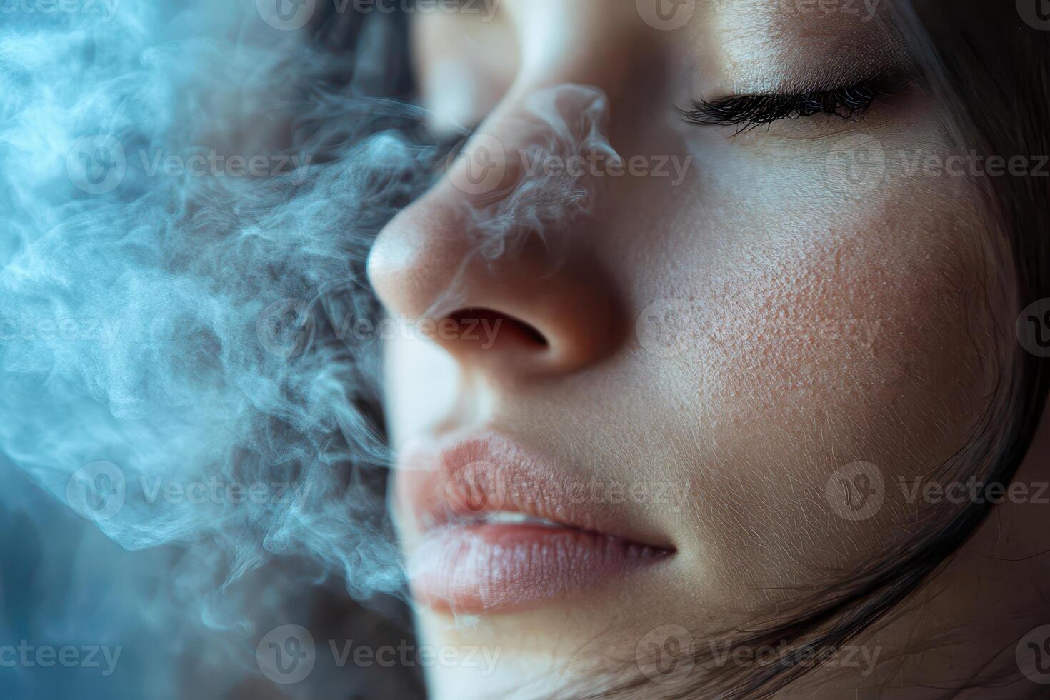Woman in urban smoke close up photo