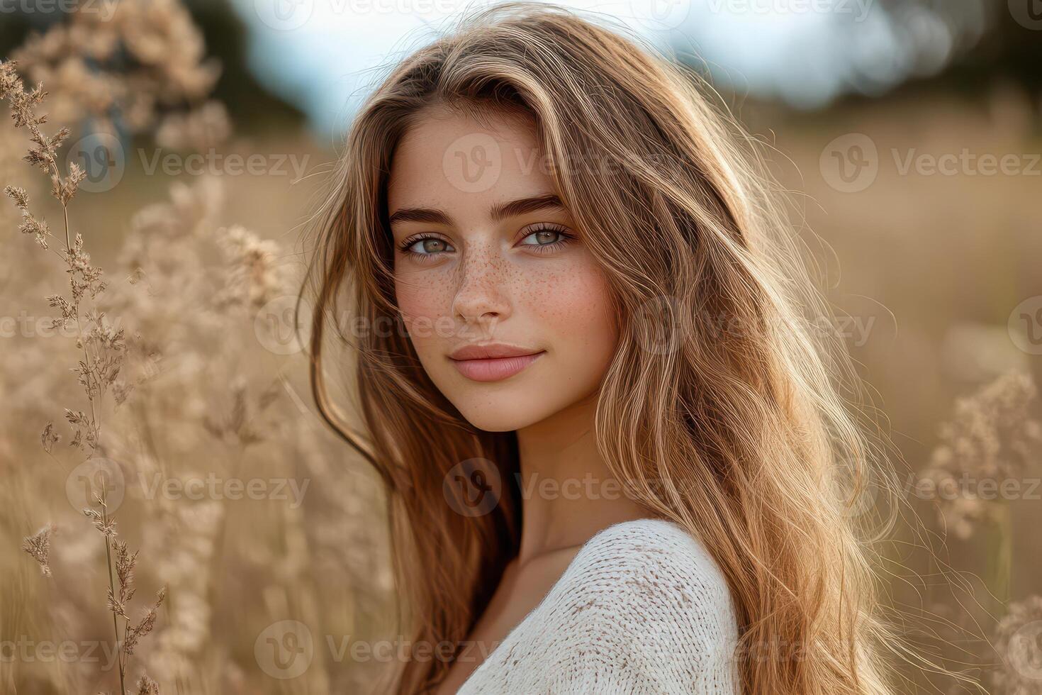 Young woman poses gracefully in a golden field photo