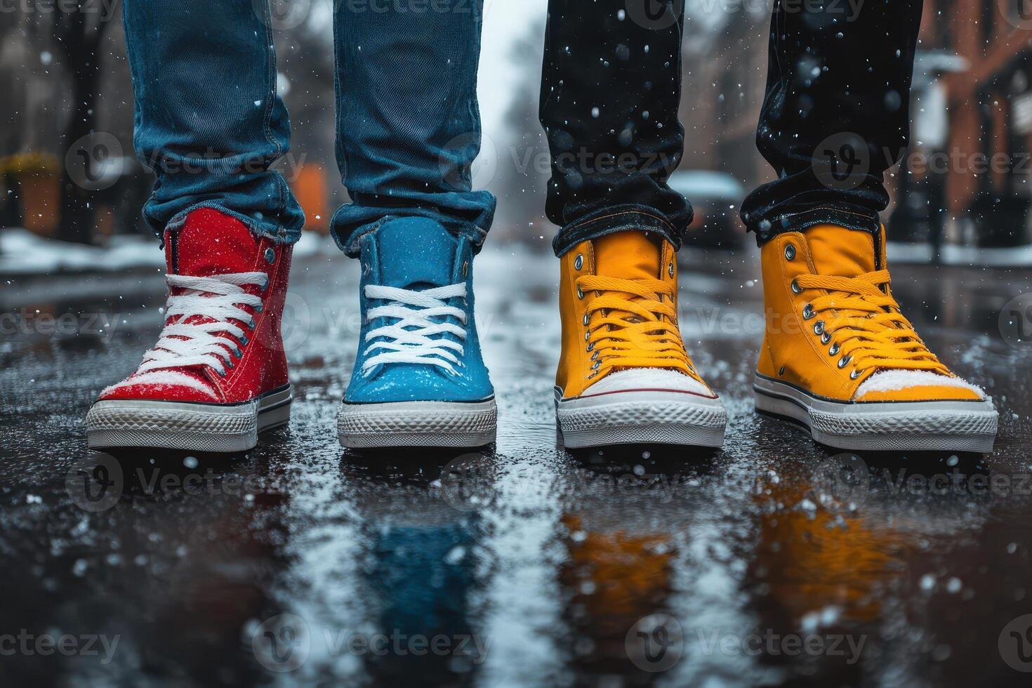 Colorful sneakers brighten a rainy street photo
