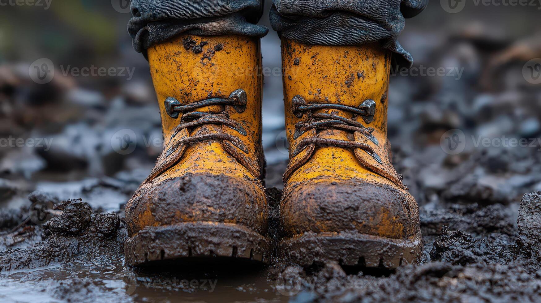 Yellow boots in muddy terrain photo