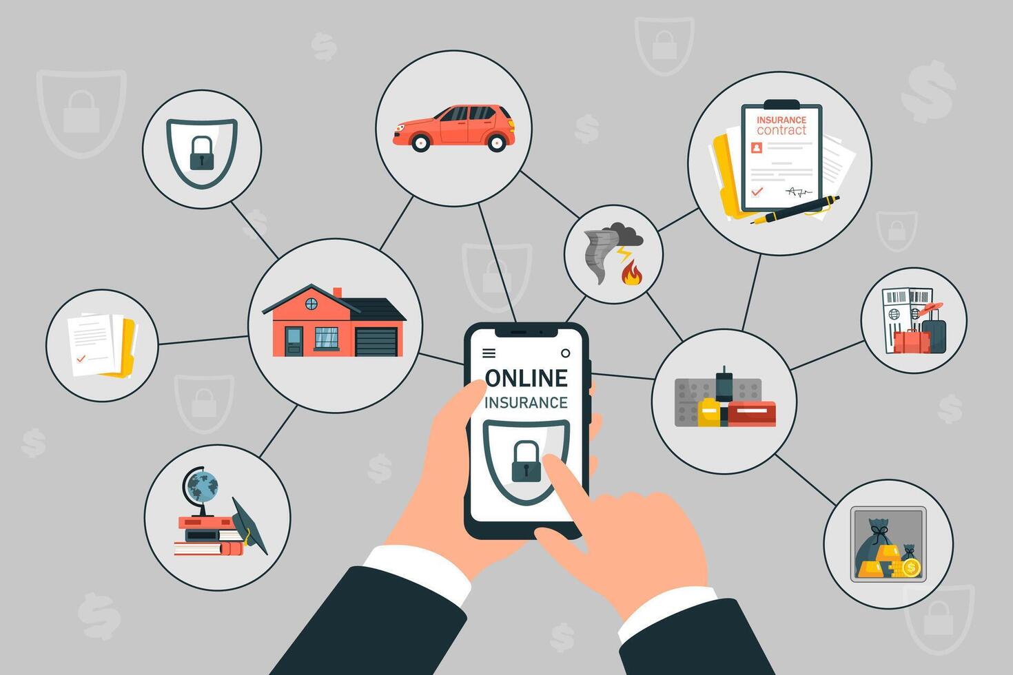 Online Insurance Services Banner with Phone Hands. vector