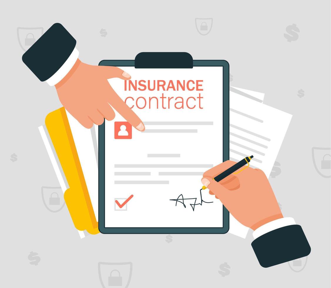 Insurance Policy Document Signing by Agent Hand. vector