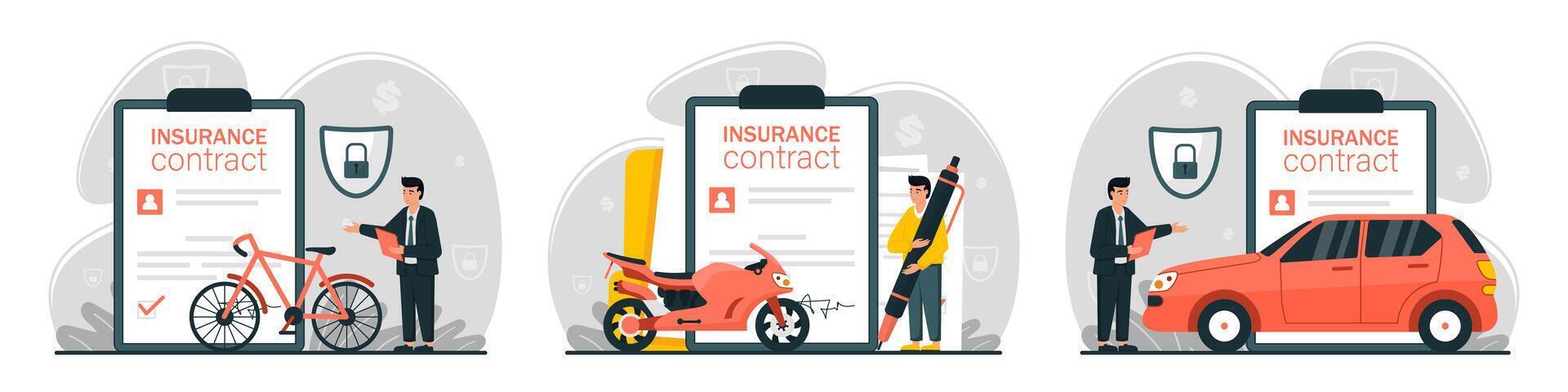 Set of Transportation Vehicle Insurance Scene. vector
