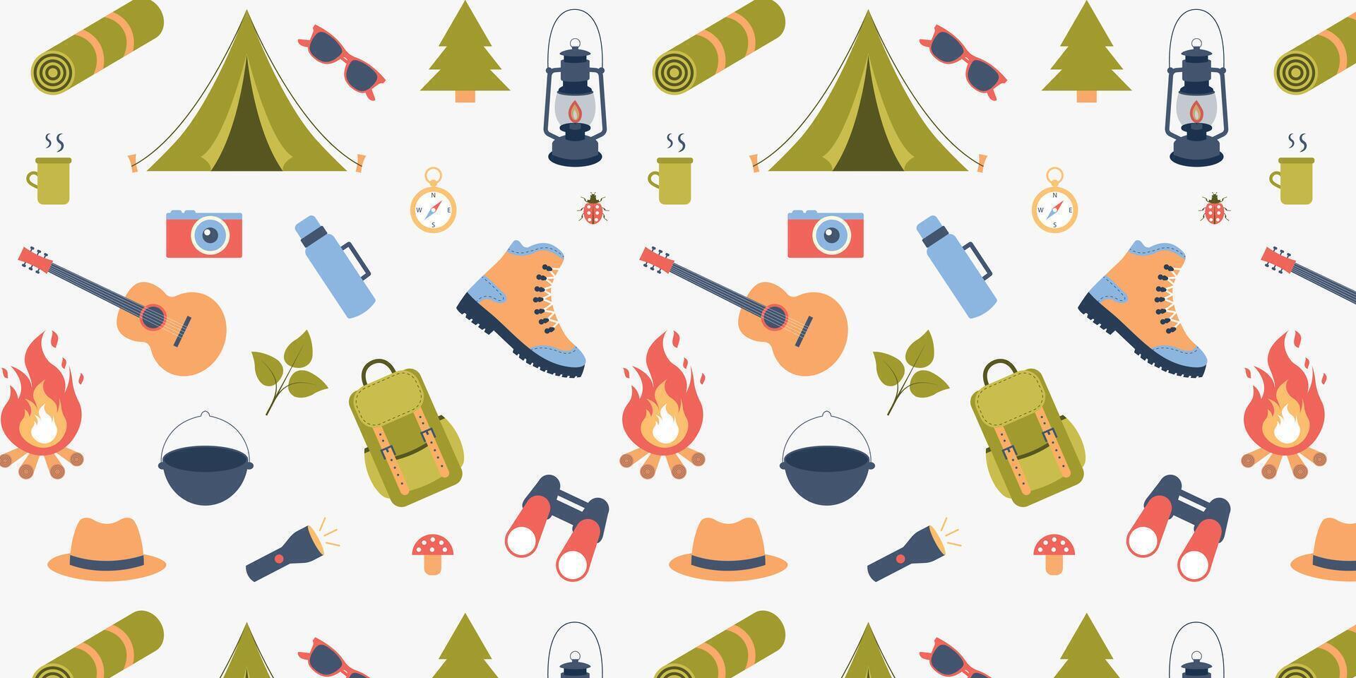 Seamless repeat pattern background. Outdoor recreation, camping elements, wrapping paper, fabric printing. vector