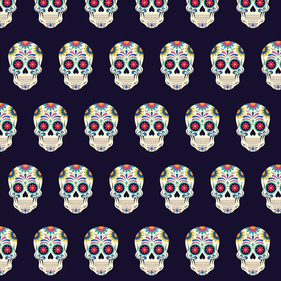 Seamless repeating pattern of skulls with patterns on dark background. vector