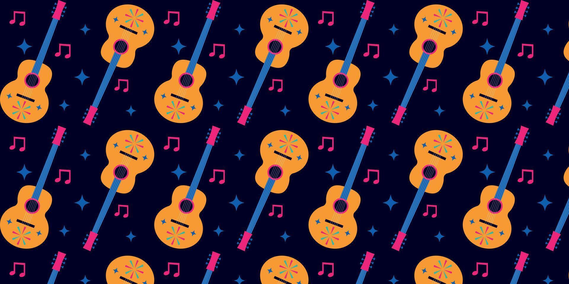 Seamless repeating pattern of mexican guitars on dark background. vector