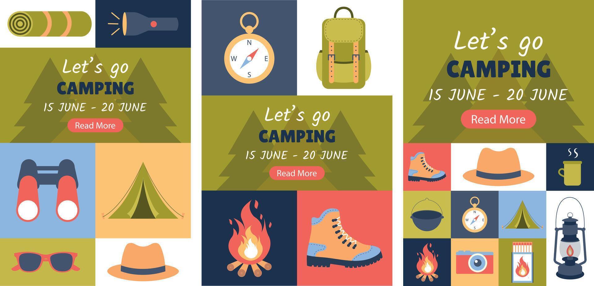 Camping. Set of posters, banners, placards, flyers, templates for social networks vector