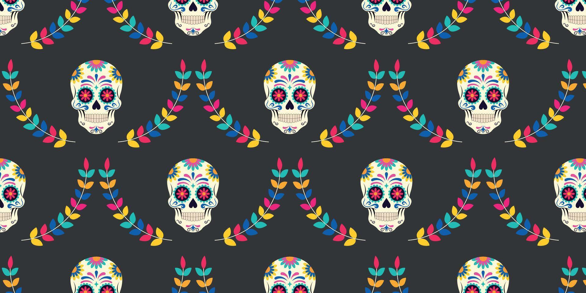 Seamless repeating pattern of mexican skulls with colorful branches. vector