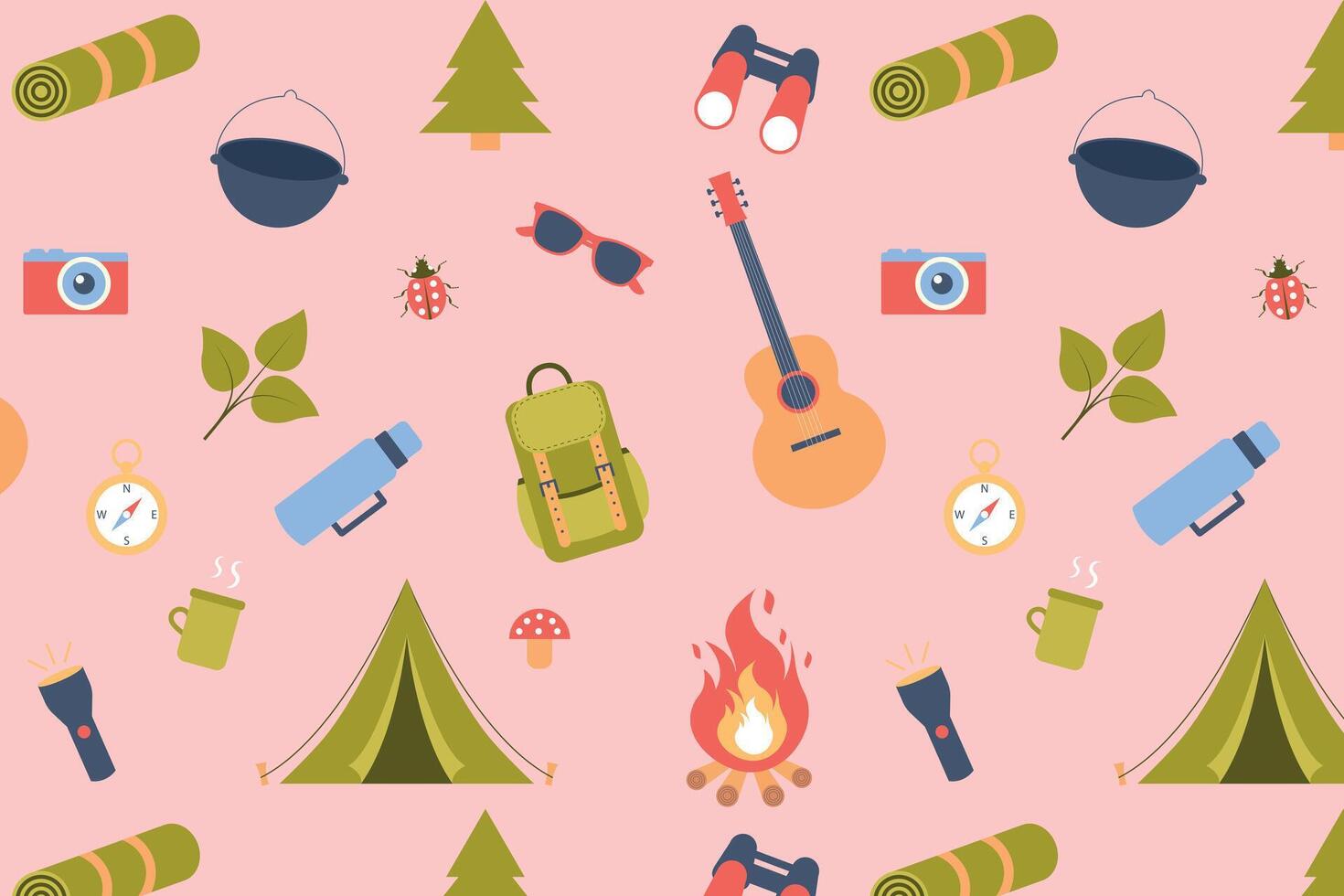 Camping. Seamless repeat pattern. Travel accessories, outdoor recreation items, wrapping paper, fabric printing, background. vector