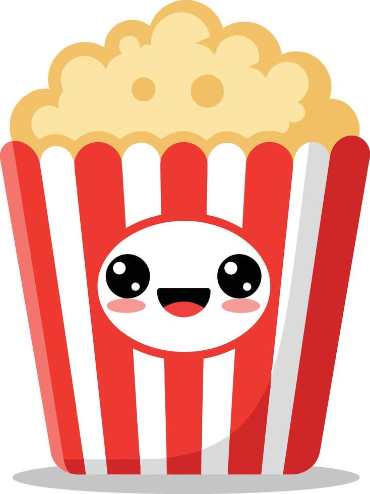 Cute cartoon popcorn box with red and white stripes smiling illustration for snack and movie themes vector