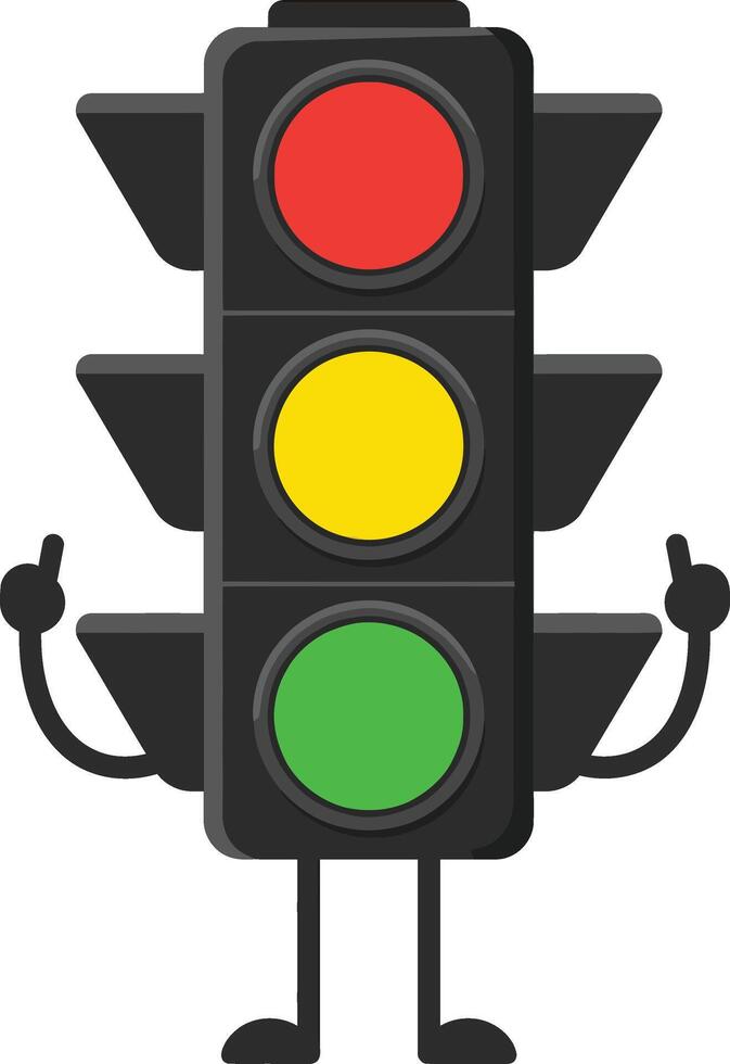 Traffic light with red yellow and green lights showing thumbs up gesture illustration with black body and arms vector