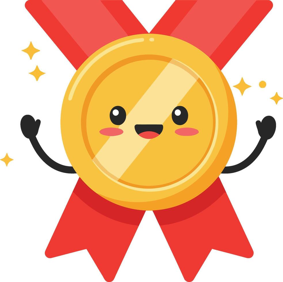 Happy gold medal with red ribbon smiling cartoon character illustration graphic vector
