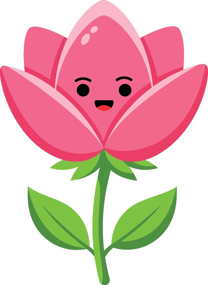 Pink smiling flower with green leaves cute cartoon illustration design vector