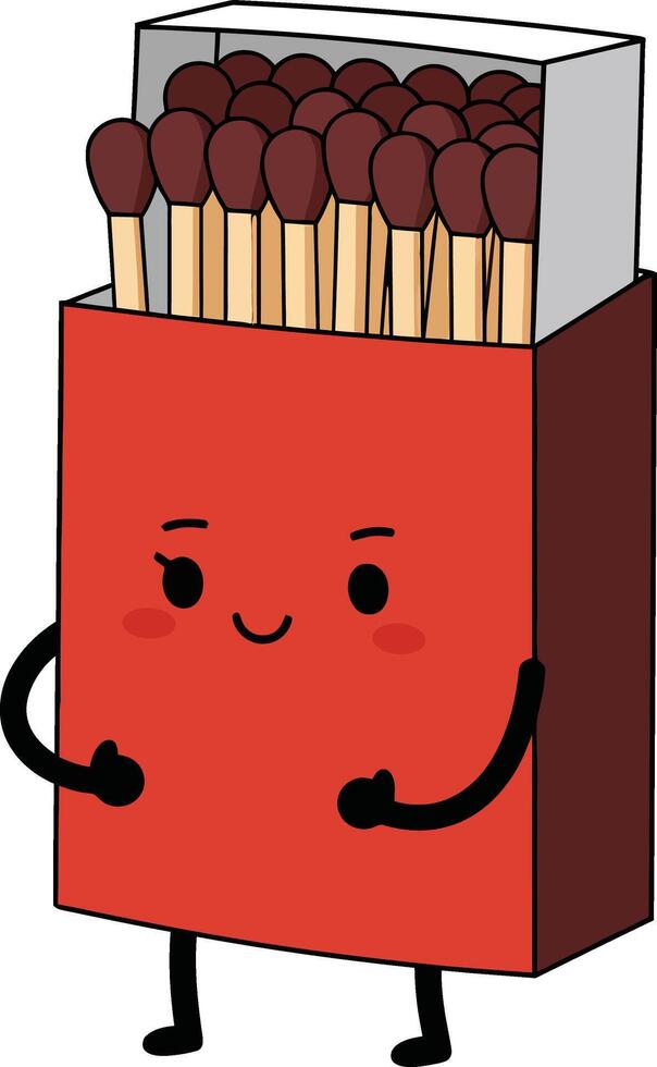 Animated matchbox character with smiling face and brown match heads holding fists in red box illustration vector