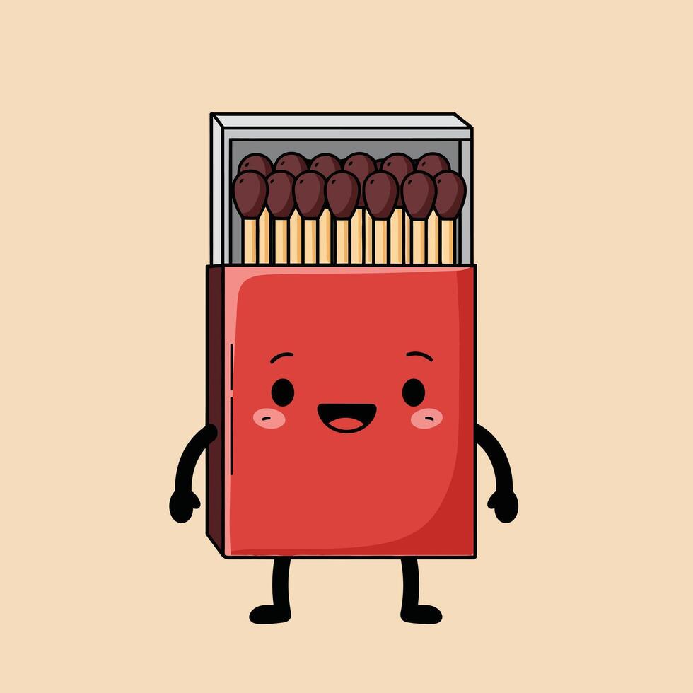 Cute happy red matchbox character with smiling face and arms illustration vector