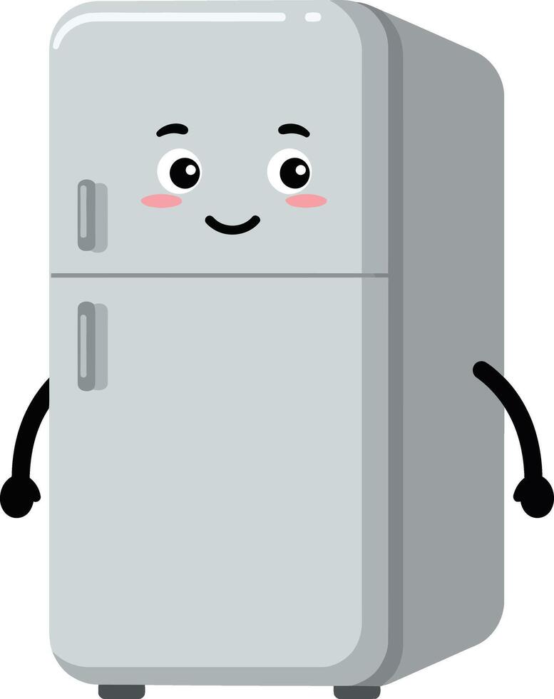 Friendly gray refrigerator cartoon character with smiling face and blushing cheeks illustration vector