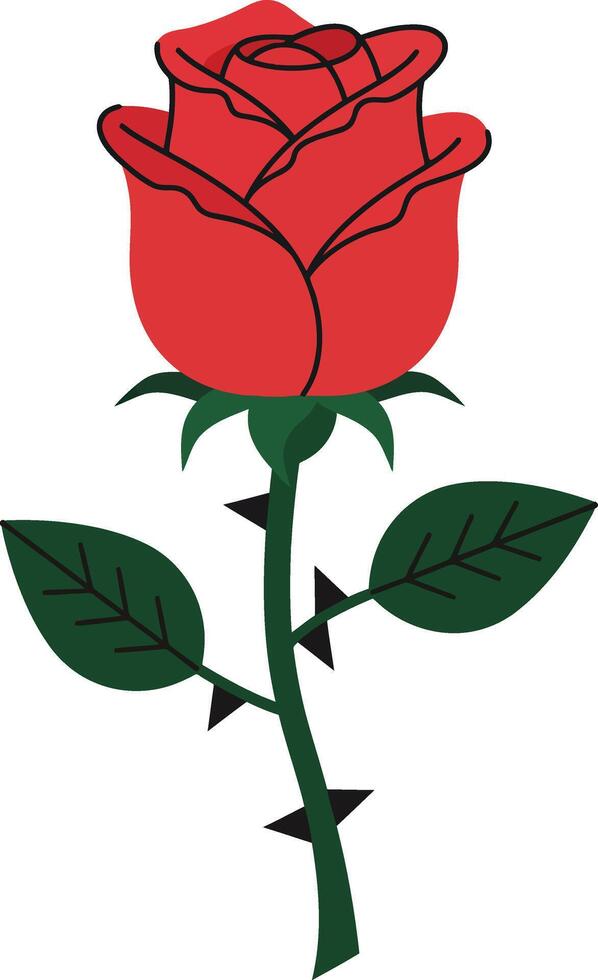Red rose flower with green leaves and thorns simple illustration design for decoration and nature themes vector