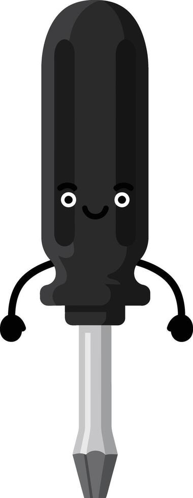 Cute black handle screwdriver cartoon character with smiling face and arms illustration vector
