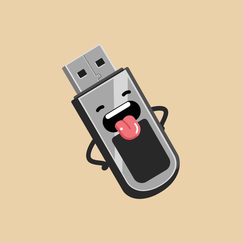 USB flash drive character with tongue out and happy face digital technology illustration vector