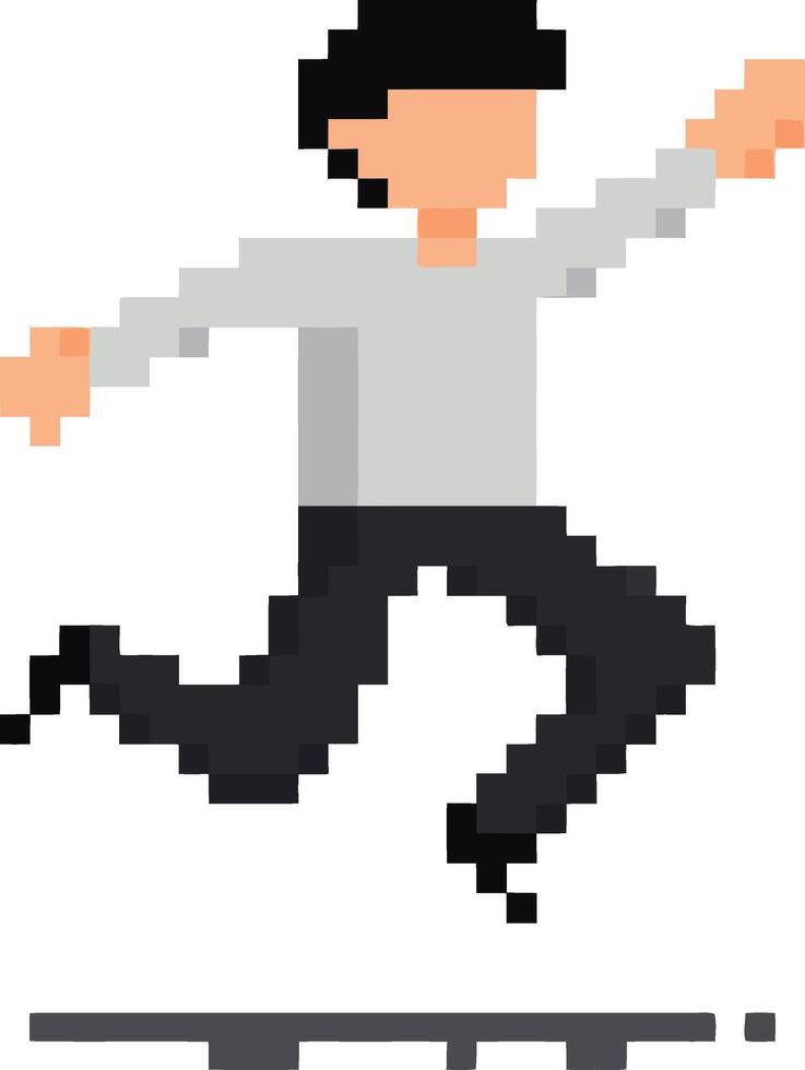 Pixel art style man jumping in motion with casual outfit digital illustration vector