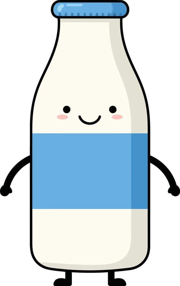 Cute smiling milk bottle with blue label and cap cartoon illustration with arms and legs vector