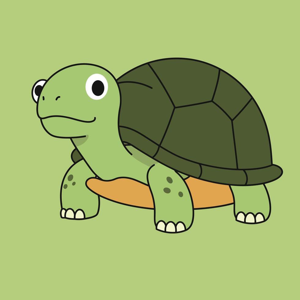 Turtle illustration with green and dark green shell on light green background in simple cartoon style vector