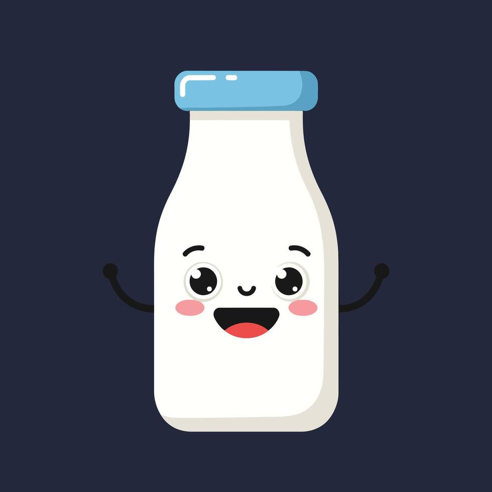 Cute happy milk bottle cartoon character smiling with arms raised illustration design vector