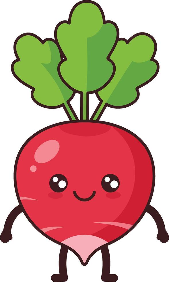 Cute happy red radish with green leaves kawaii style vegetable character illustration vector
