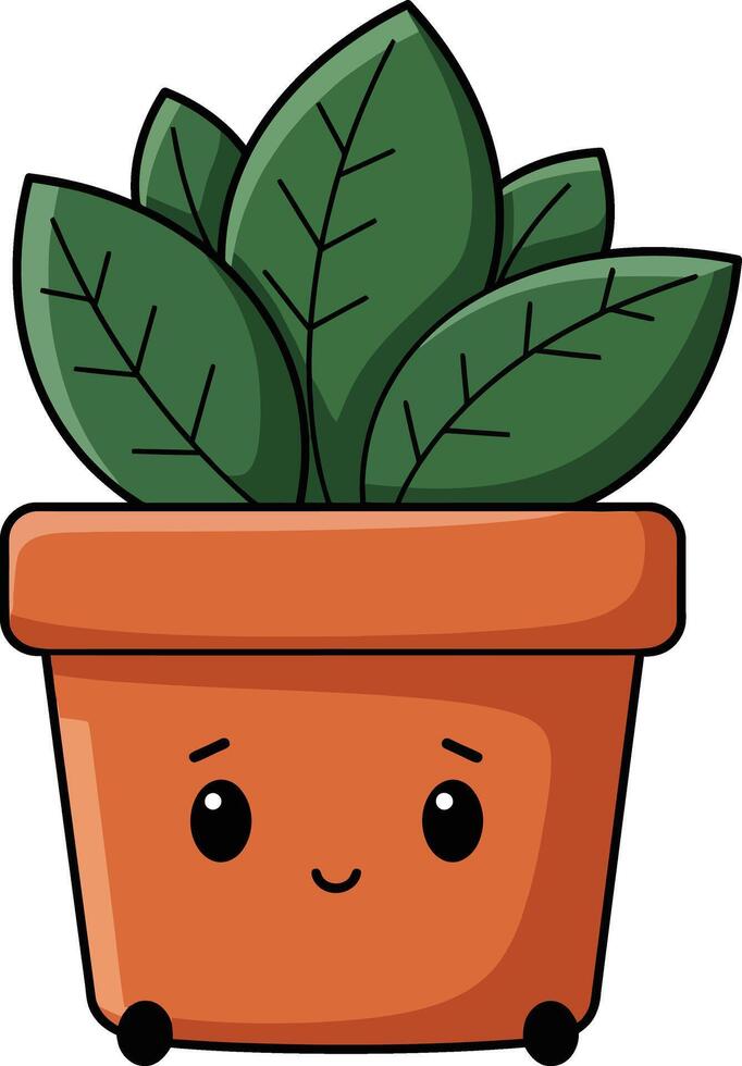 Cute green leaves potted plant with happy face cartoon style illustration for lifestyle and nature themes vector