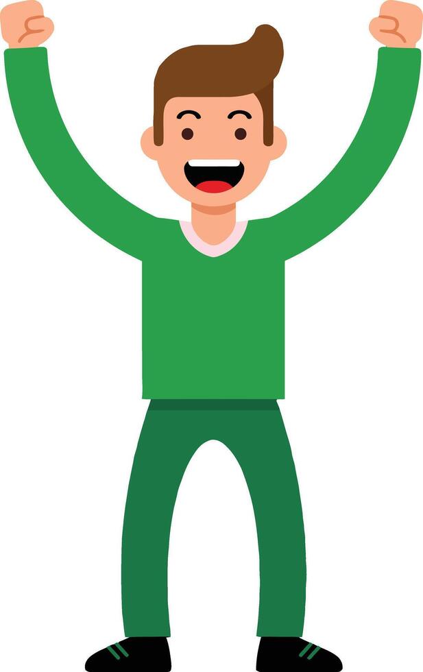 Happy man celebrating success with raised arms in green outfit illustration cheerful expression vector