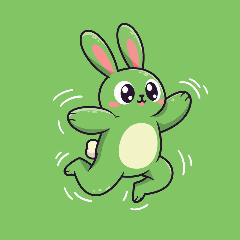Cute green cartoon bunny hopping playfully with animated movement lines on green background illustration vector
