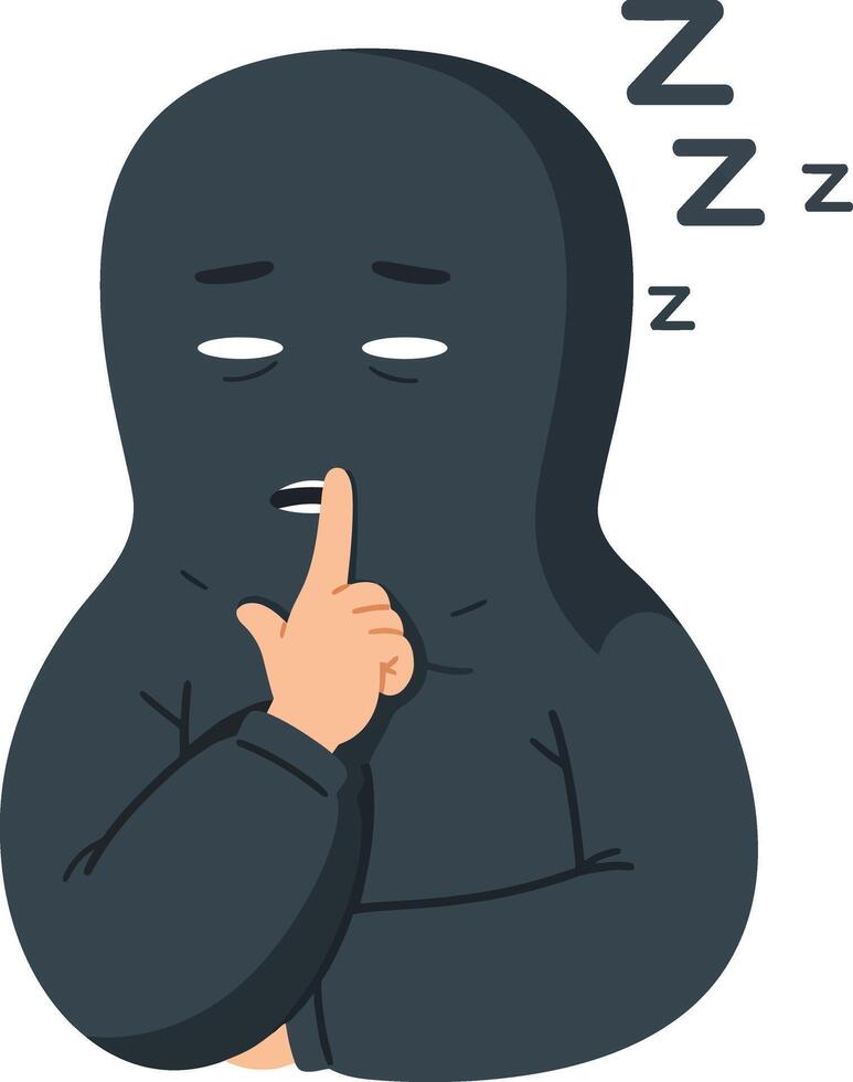 Person in black hoodie making shushing gesture with sleep symbols illustration vector