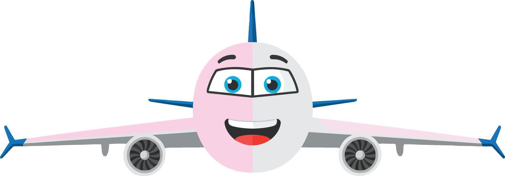 Airplane cartoon character with smiling face and blue eyes flying front view illustration vector