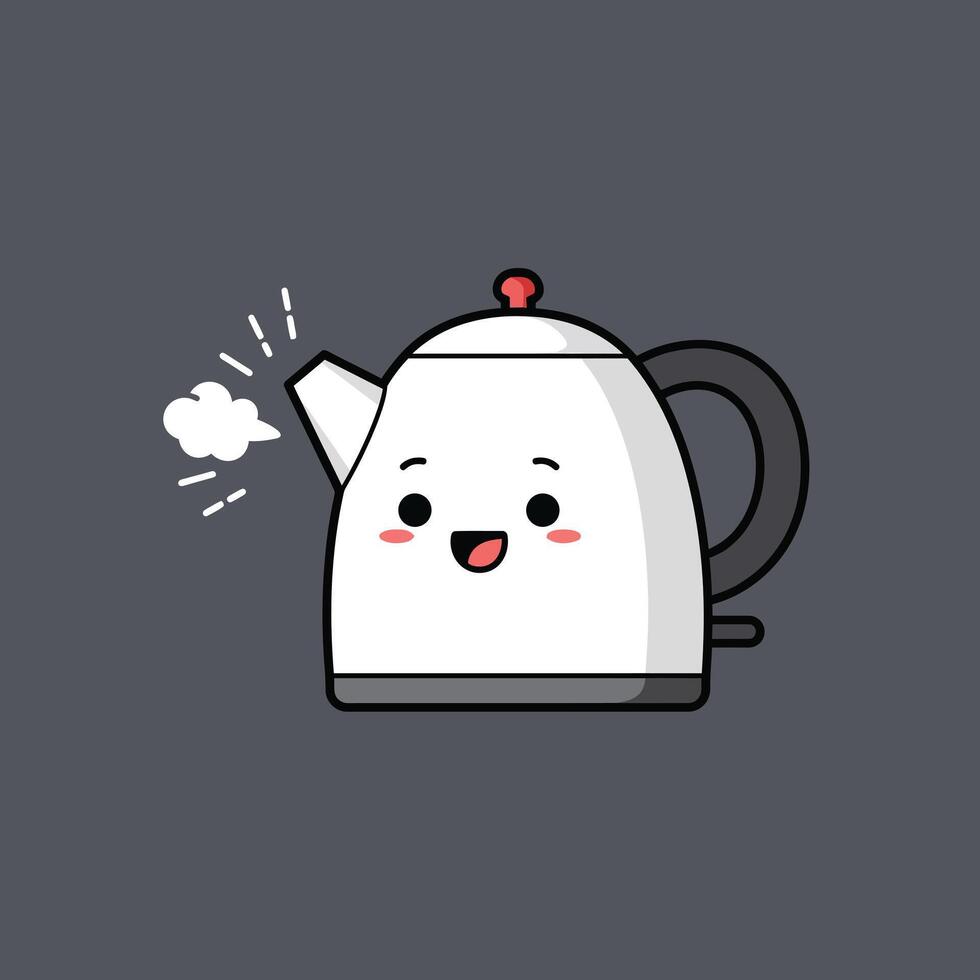 Cute electric kettle with happy face and steam on dark background illustration vector