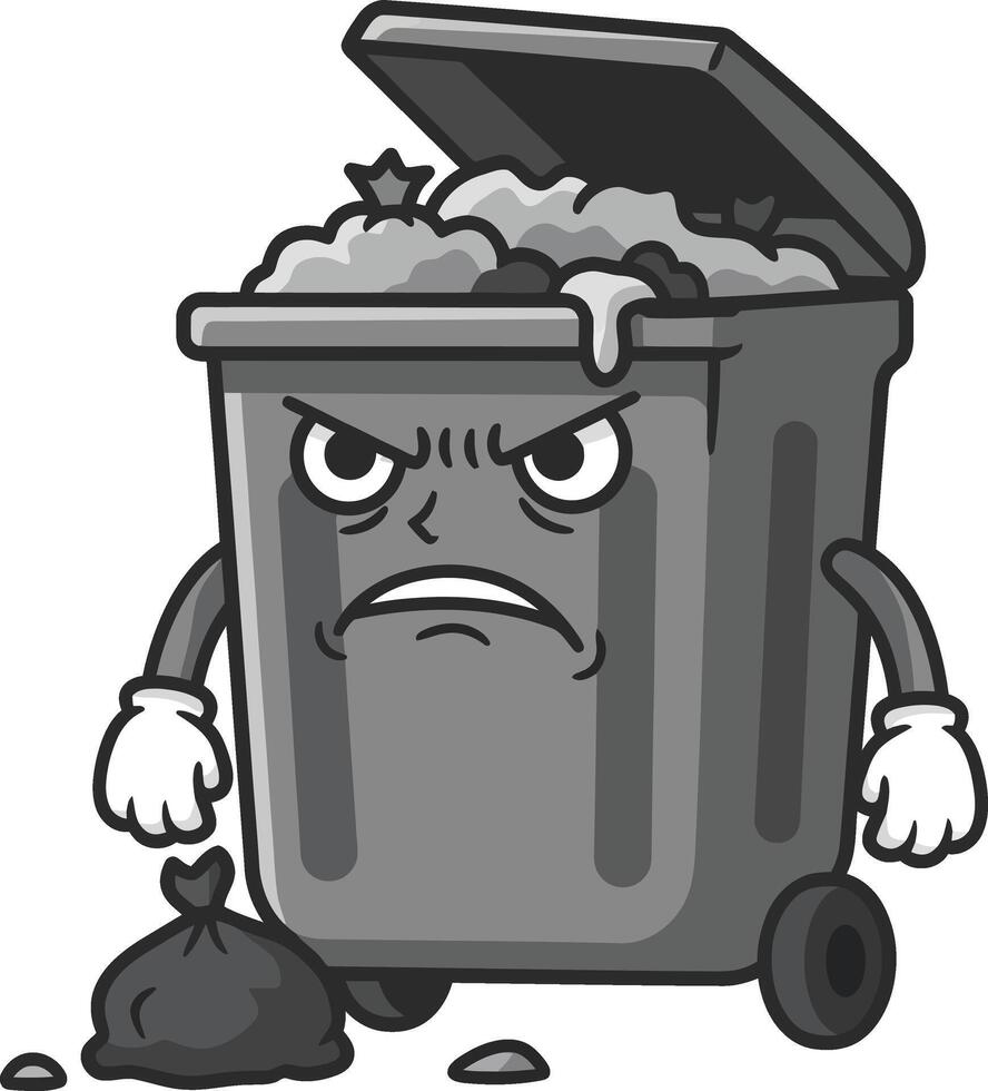 Angry garbage bin character with trash bags and open lid cartoon illustration vector