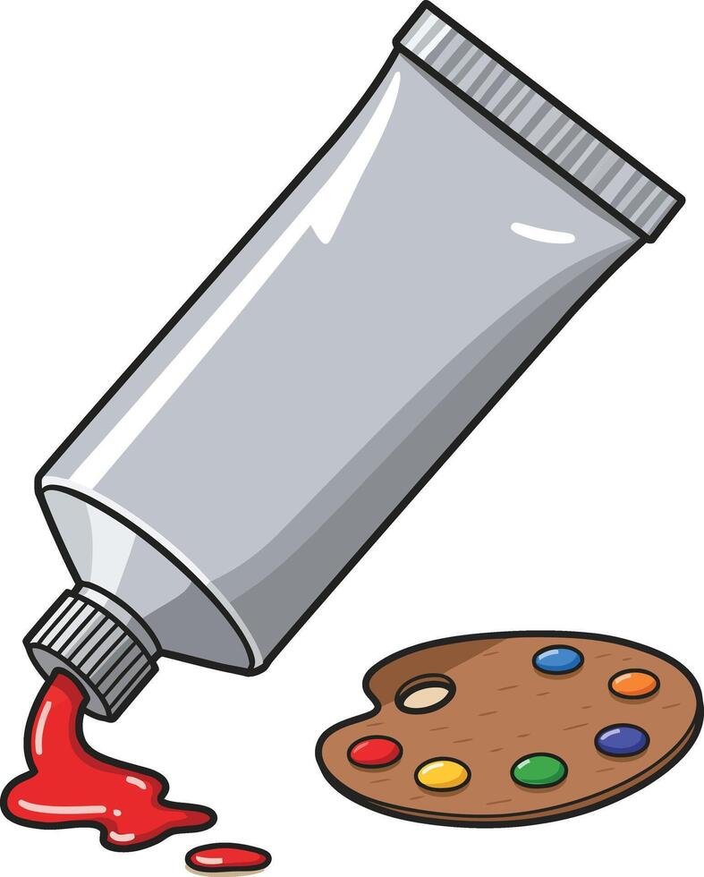 Tube of red paint with artist palette containing colorful paint drops illustration for creative art design projects vector