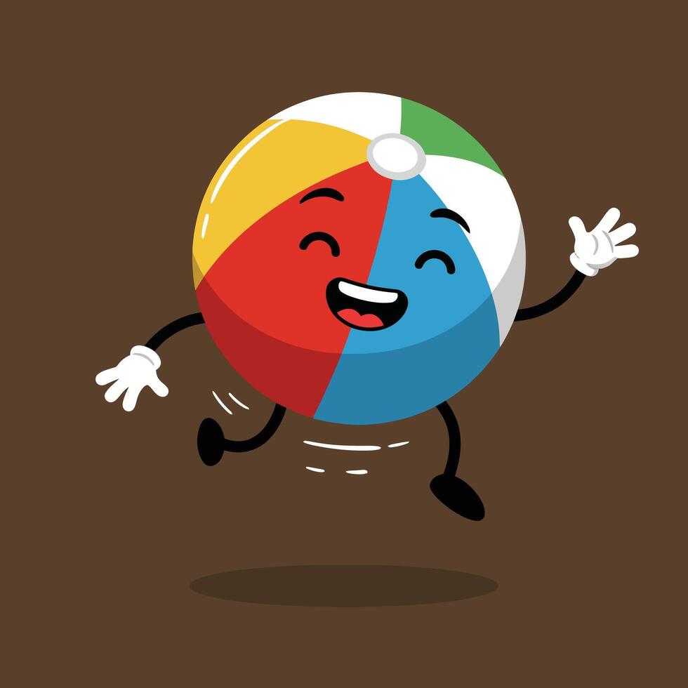Colorful happy cartoon beach ball jumping with smiling face and waving hands illustration vector