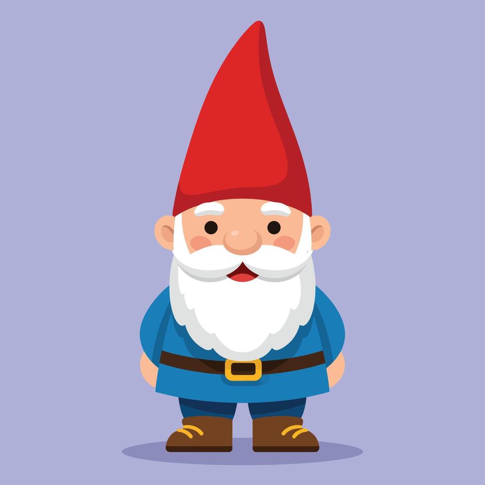Garden gnome with red hat white beard blue coat and brown boots illustration isolated on blue background vector