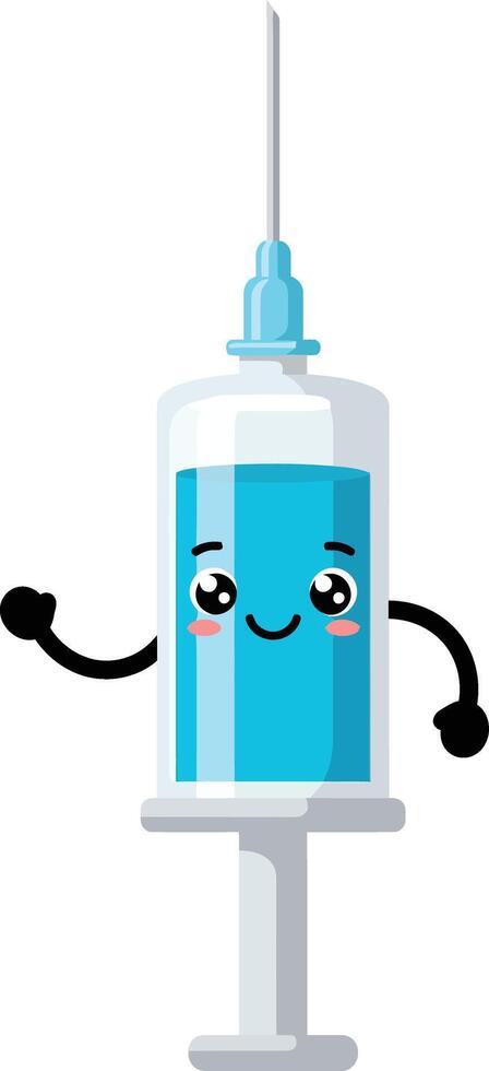 Cute medical syringe with smiling face and blue liquid illustration for healthcare and vaccination concepts vector