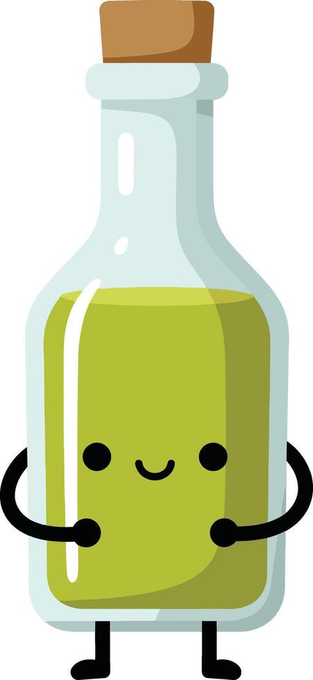 Cute happy olive oil bottle character with cork cap smiling and hugging illustration vector