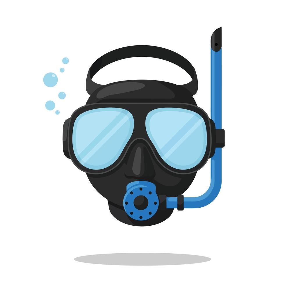 Scuba Diving Mask and Snorkel with Blue Lenses and Black Frame under Water Bubbles Illustration vector